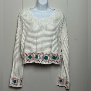 Sincerely Jules Women’s Cotton Blend White Crochet Sweater Floral Trim Size XL